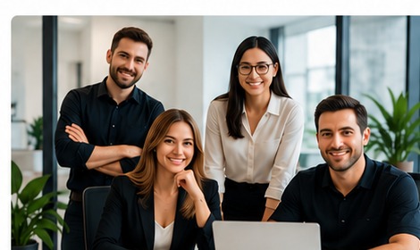 A team collaborating in a bright office